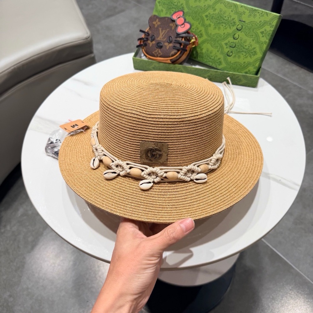 Gucci Flat-Top Straw Hat, Head Circumference 57 cm